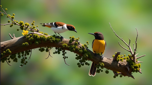 Twee vogels op een tak met bessen en groene bladeren.