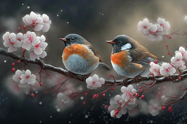 Twee vogels op een tak met bloemen