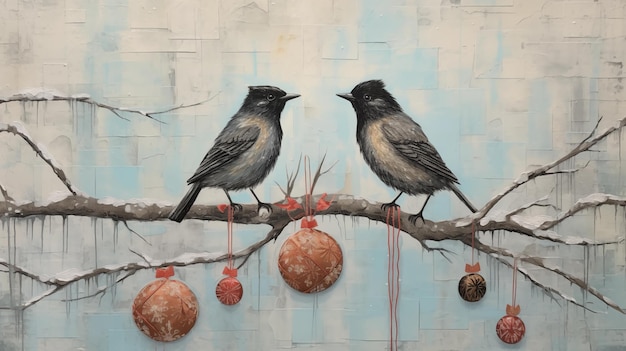 Twee vogels op een tak met kerstballen op de achtergrond