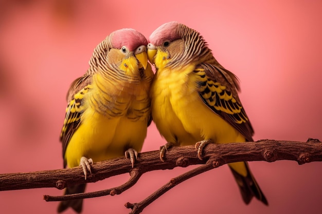 Twee vogels op een tak met rode achtergrond