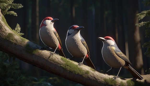 Twee vogels staan in het bos, waarvan er een rood en wit is.