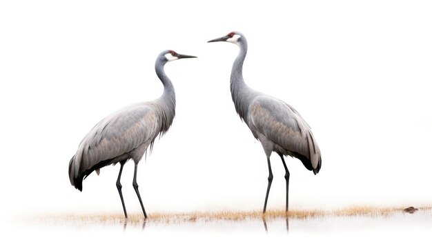 twee vogels staan voor een witte achtergrond.