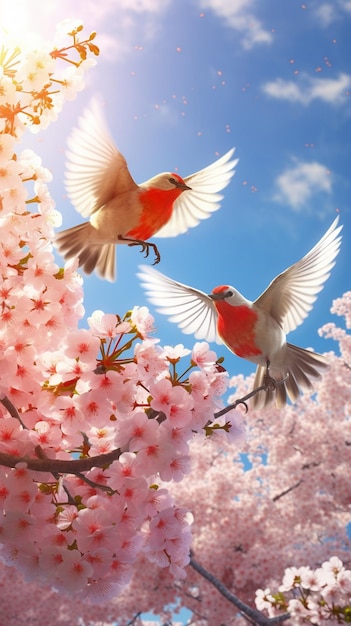 Twee vogels vliegen in de lucht met roze bloemen