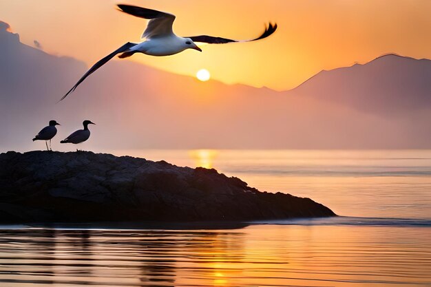 twee vogels vliegen over een meer met bergen op de achtergrond.