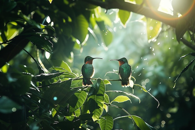 twee vogels zitten op een boom een heeft een groene achtergrond