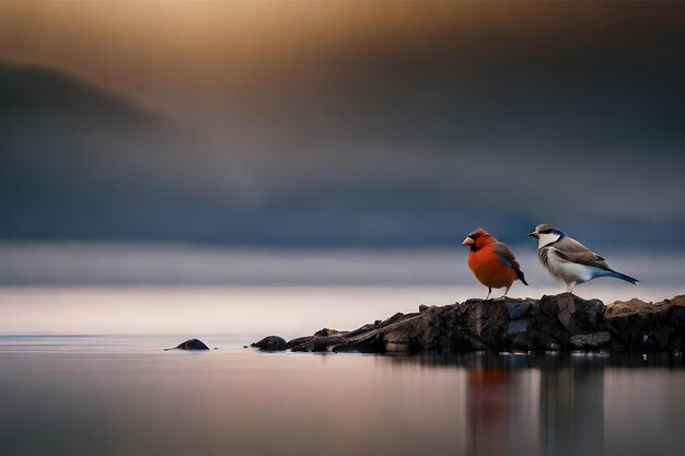 Foto twee vogels zitten op een rots en de ene is oranje en de andere is een rode vogel.