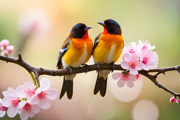 Twee vogels zittend op een tak met roze bloemen