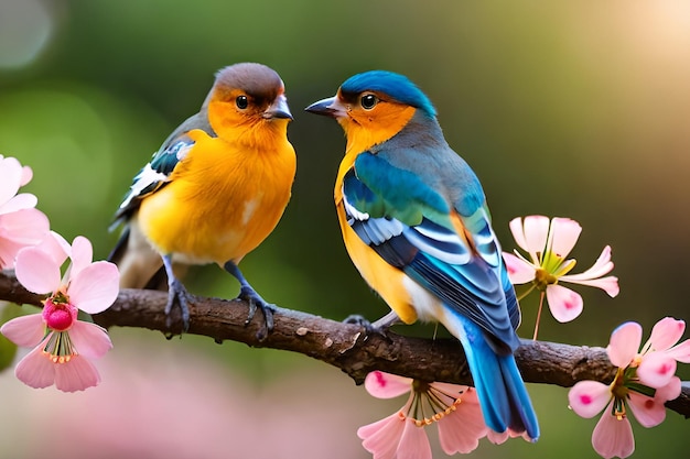 Twee vogels zittend op een tak, waarvan de ene blauw is, de andere blauw en geel.