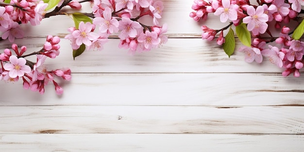 Twee voorjaarsbloeiende takken met veel roze bloesems op witte houten achtergrond Generatieve AI