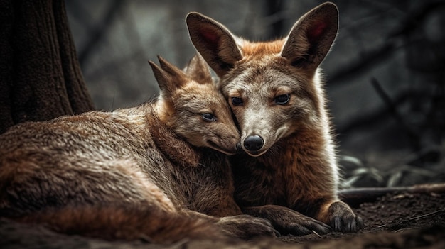 Twee vossenwelpen knuffelen samen in een donker bos