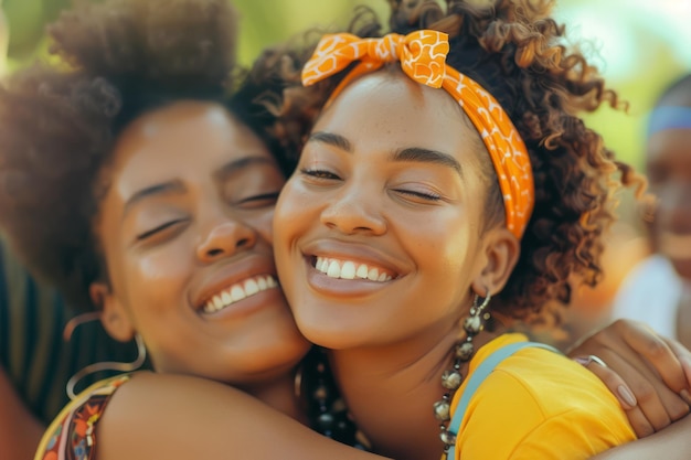 Twee vreugdevolle jonge Afro-Amerikaanse vrouwen die elkaar knuffelen en glimlachen in heldere zomerkleding buiten