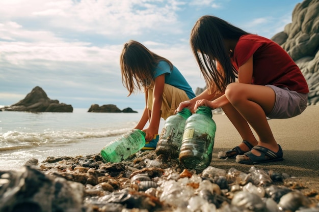 Foto twee vrienden die het strand van vuilnis schoonmaken.