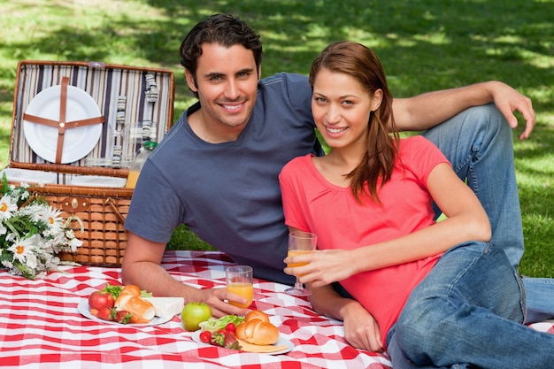 Twee vrienden die terwijl het liggen naast elkaar op een deken met een picknick glimlachen