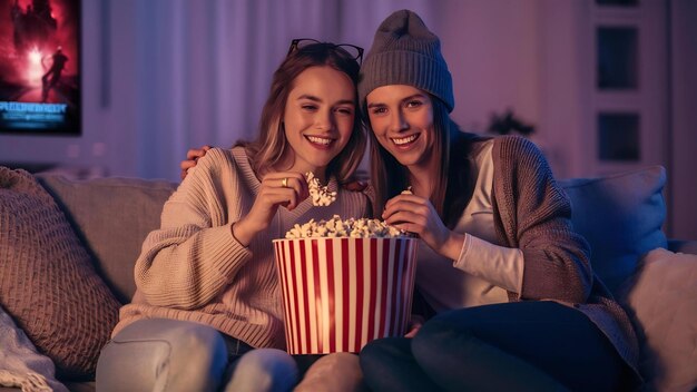 Twee vrienden eten popcorn tijdens een interessante film.