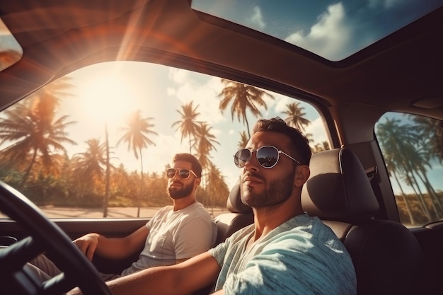 Twee vrienden in de auto die op de weg rijden met road trip palmbomen rond AI Generative