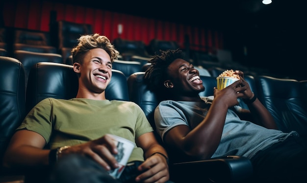 Twee vrienden in een bioscoop die samen een film kijken.
