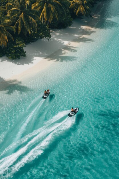 Foto twee vrienden jet skiën op een paradijs strand