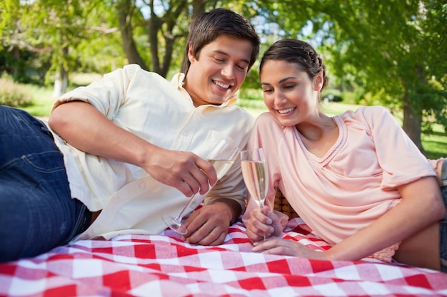 Twee vrienden kijken naar glazen champagne tijdens een picknick