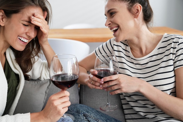 Twee vrienden lachen met een glas wijn in de hand