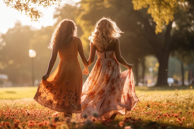 Twee vrienden lopen samen in het park en delen momenten van geluk.