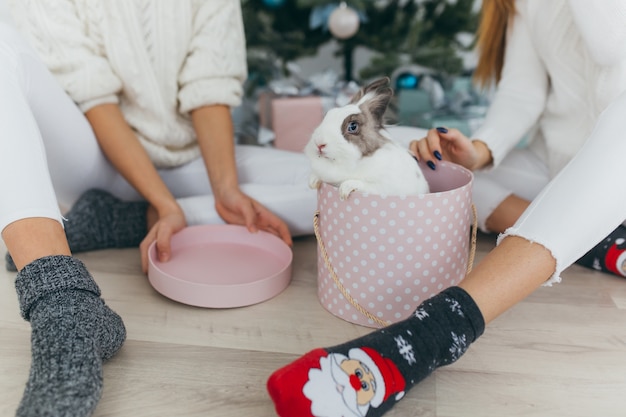 Foto twee vrienden openen kerstcadeaus.