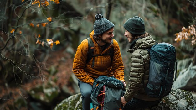 Foto twee vrienden zitten op een rots in het bos ze dragen allebei warme kleren en hebben rugzakken aan ze kijken naar elkaar en glimlachen