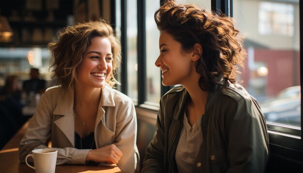 Foto twee vriendinnen drinken koffie in het café en hebben plezier twee jonge vrouwen praten en lachen