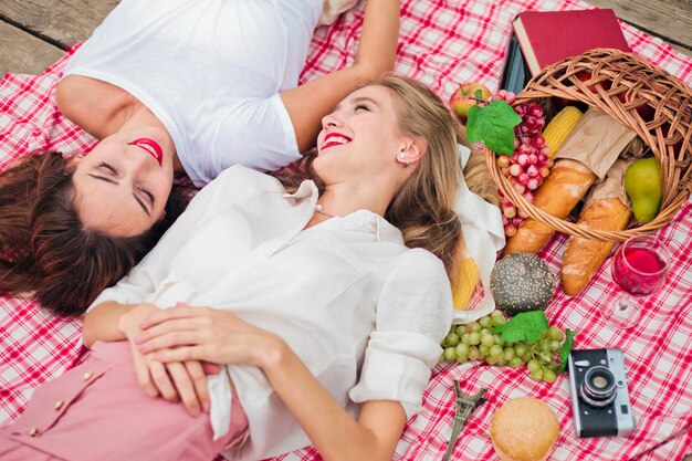 Twee vrolijke jonge vrouwen hebben een picknick buiten op een zomerse dag.