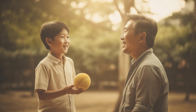 Twee vrolijke jongens spelen buiten met een bal en genieten van hun kindertijd en saamhorigheid gegenereerd door AI