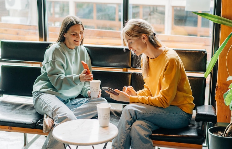 Foto twee vrolijke lachende vrouwelijke vrienden in een koffieshop communiceren en praten aan de telefoon