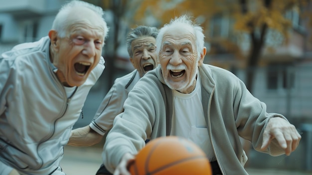 Twee vrolijke oudere mannen in sportkleding spelen basketbal.