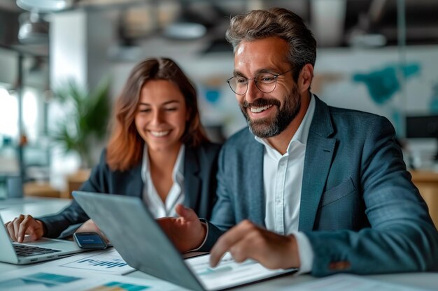 Twee vrolijke professionals werken samen aan een project met behulp van een tablet in een modern kantoor