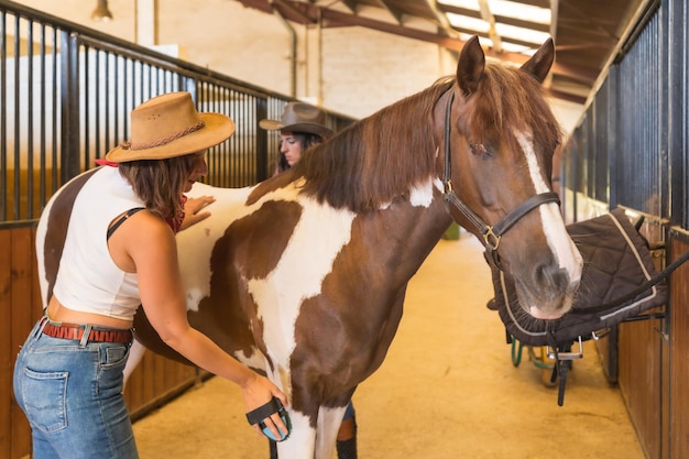 Twee vrouwelijke cowboys die een paard in een stal schoonmaken, hoeden uit het zuiden van de Verenigde Staten