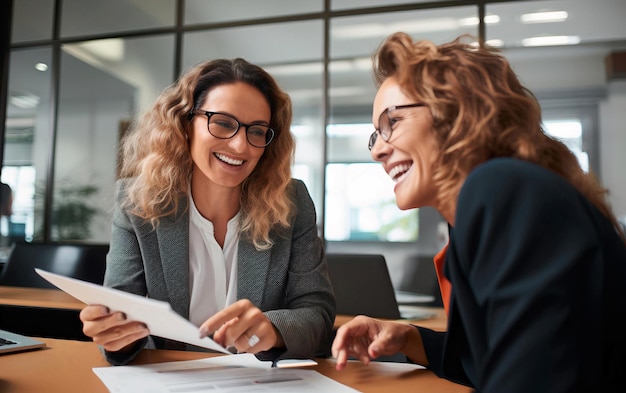 Foto twee vrouwelijke ondernemers lachen en bespreken een bedrijfsplan in het kantoor.