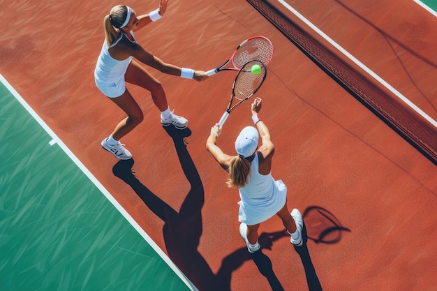 Foto twee vrouwelijke vrienden die tennis spelen op de baan.