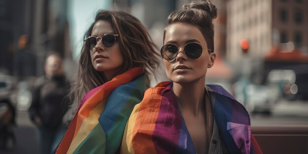 Twee vrouwelijke vrienden hangen rond in de stad en zwaaien met LGBT met trotsvlag Generative AI