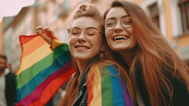 Twee vrouwelijke vrienden zijn op pad in de stad met een LGBT-trotsvlag en met behulp van generatieve AI