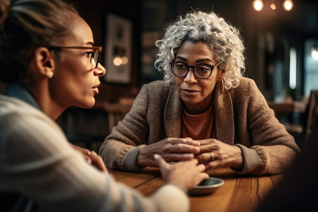 Twee vrouwen die aan een tafel zitten te praten en elkaars hand vasthouden Generatieve Ai