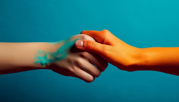 Twee vrouwen die elkaar de hand geven als symbool van eenheid, liefde en samenwerking gegenereerd door AI.