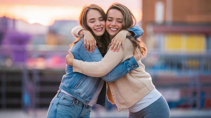 Foto twee vrouwen die elkaar knuffelen en één heeft een blauw shirt met het woord "quote" erop.