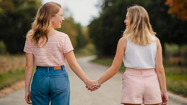 Foto twee vrouwen die handen vasthouden, één met een roze top en de andere met een witte top