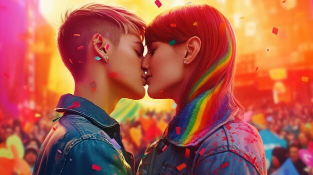 twee vrouwen die LGBT-trotsconcept kussen