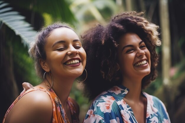 Twee vrouwen die samen glimlachen en lachen in een tuin