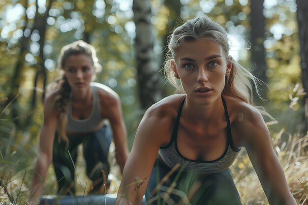 Twee vrouwen doen samen oefeningen in het bos. Eén zit op de hoek en de andere staat op.