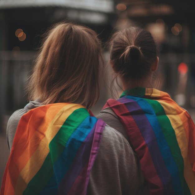 Twee vrouwen dragen een regenboogkleurige sjaal.