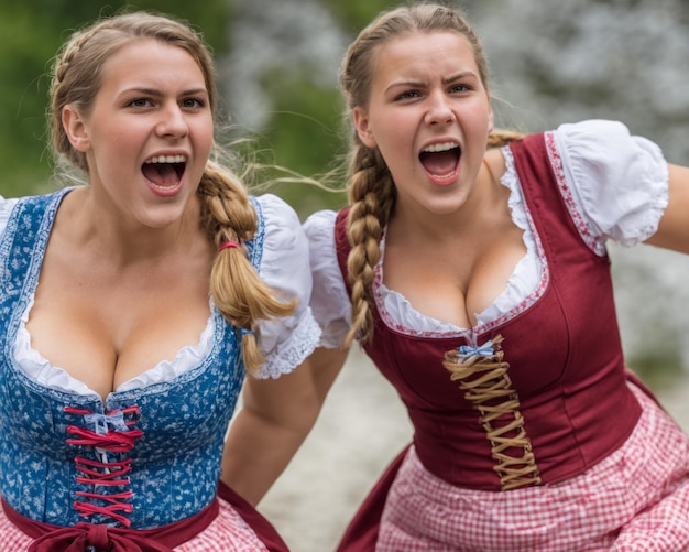 Foto twee vrouwen gekleed in beierse kostuums maken grappige gezichten.