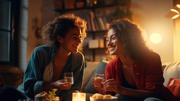 Twee vrouwen genieten van koffie aan een tafel gezellige woonkamer chat samen plezier liefde lesbisch