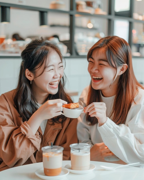 Foto twee vrouwen glimlachen en lachen. eén heeft een kop koffie en de andere houdt een lepel vast.