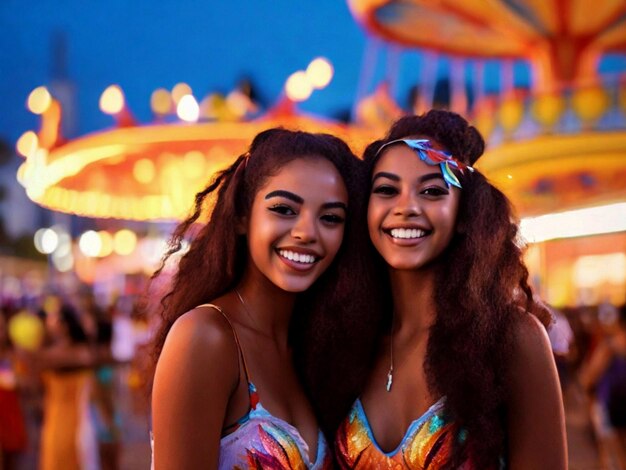 Twee vrouwen glimlachen voor een carrousel met het woord "twee" erop.