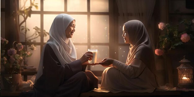 Twee vrouwen hijab bij een gemeenschappelijke maaltijd rond rozen lantaarn interieur van de kamer Ramadan als een tijd van vasten en bidden voor moslims